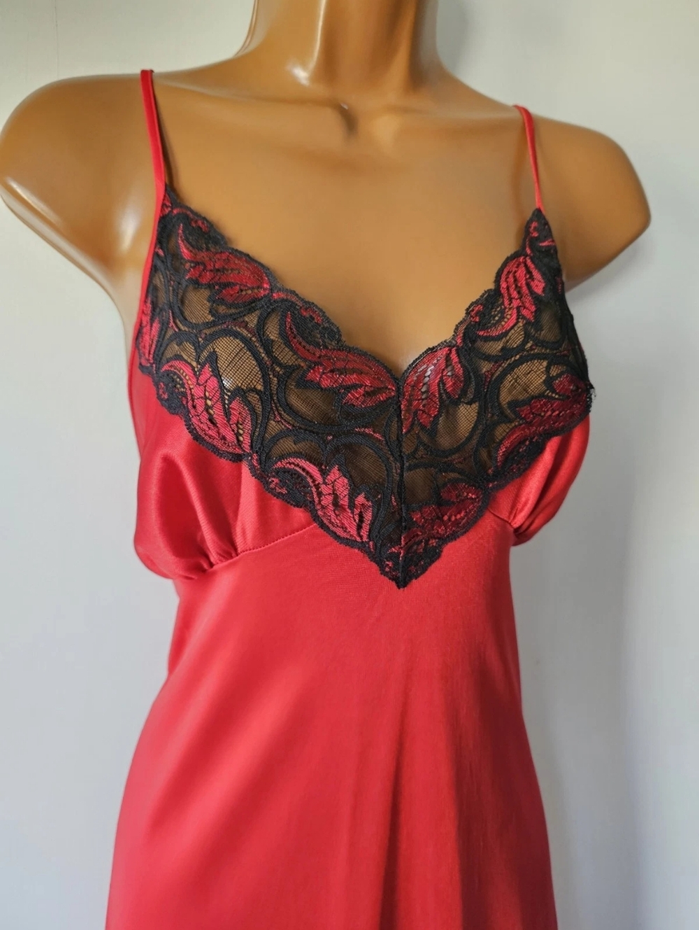 Red Lace-Trim Satin Chemise Slip